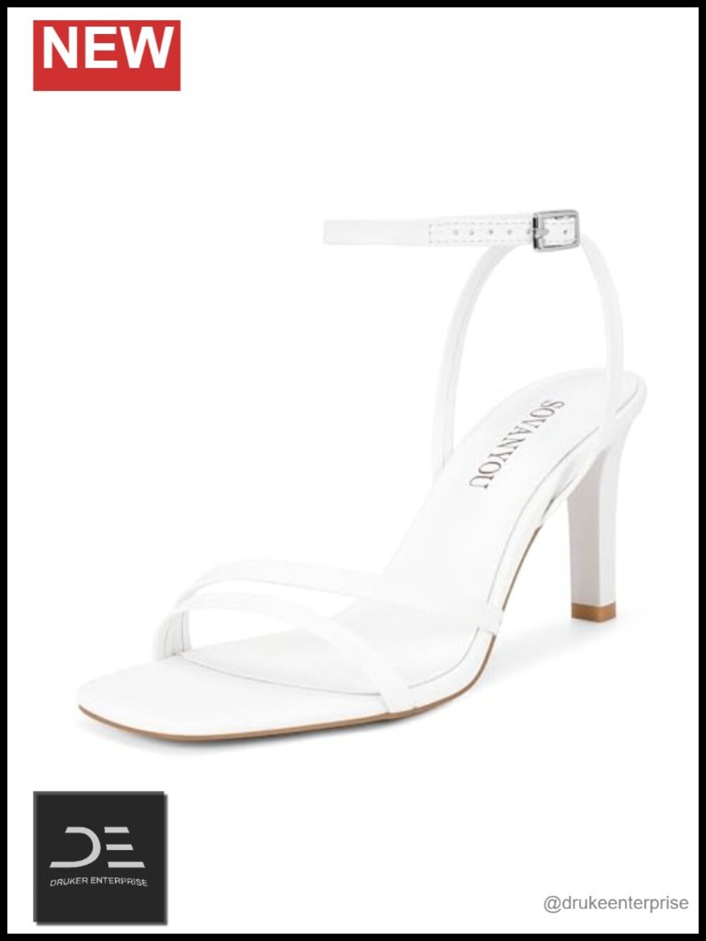 Women's Strappy Square Toe High Heeled Sandals with Ankle Strap, Faux Leather